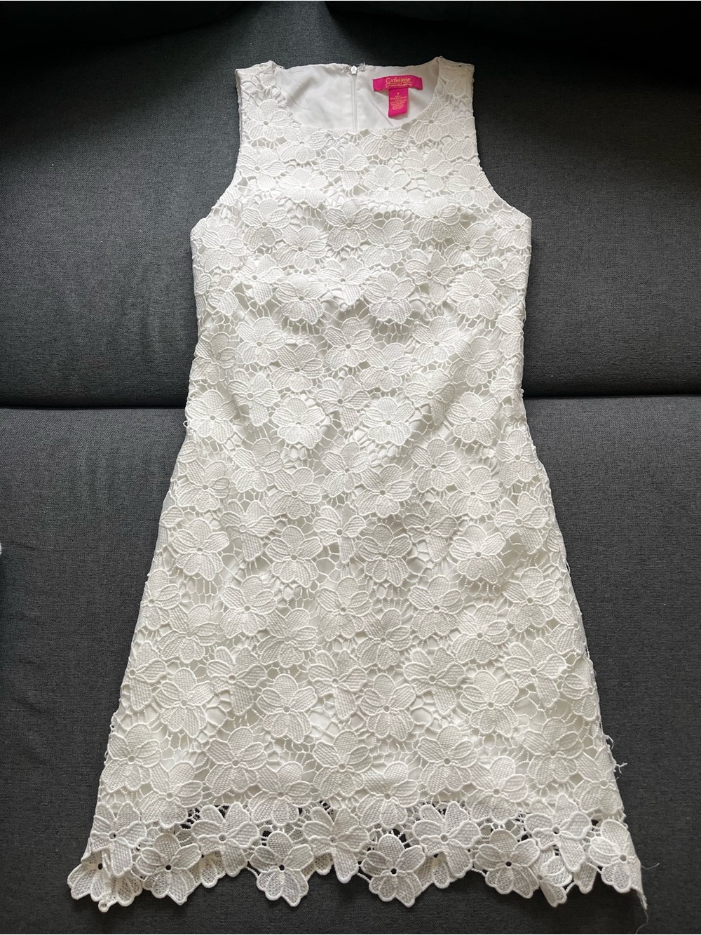 Catherine Malandrino White Floral Lace Dress 8 Sleeveless Scalloped Hem Bridal